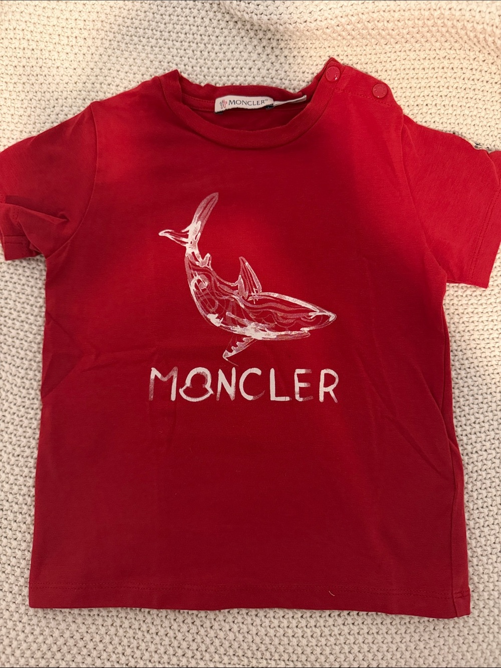 Moncler Red Short-Sleeve Tee with White Shark Graphic